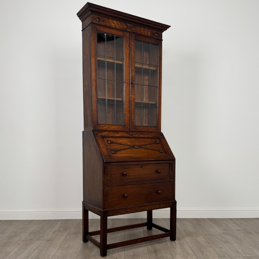 Antique 20th Century Jacobean Style Bureau Bookcase In Oak View X