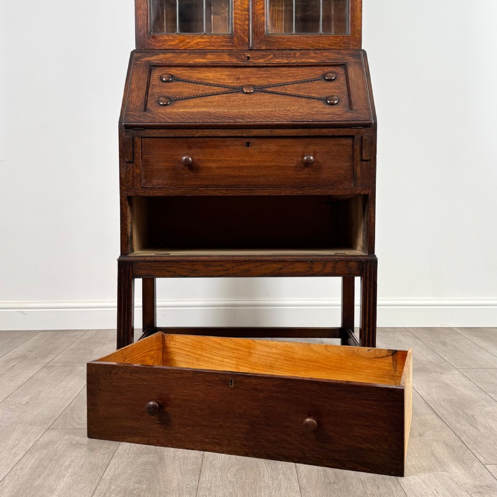 Antique 20th Century Jacobean Style Bureau Bookcase In Oak View XI