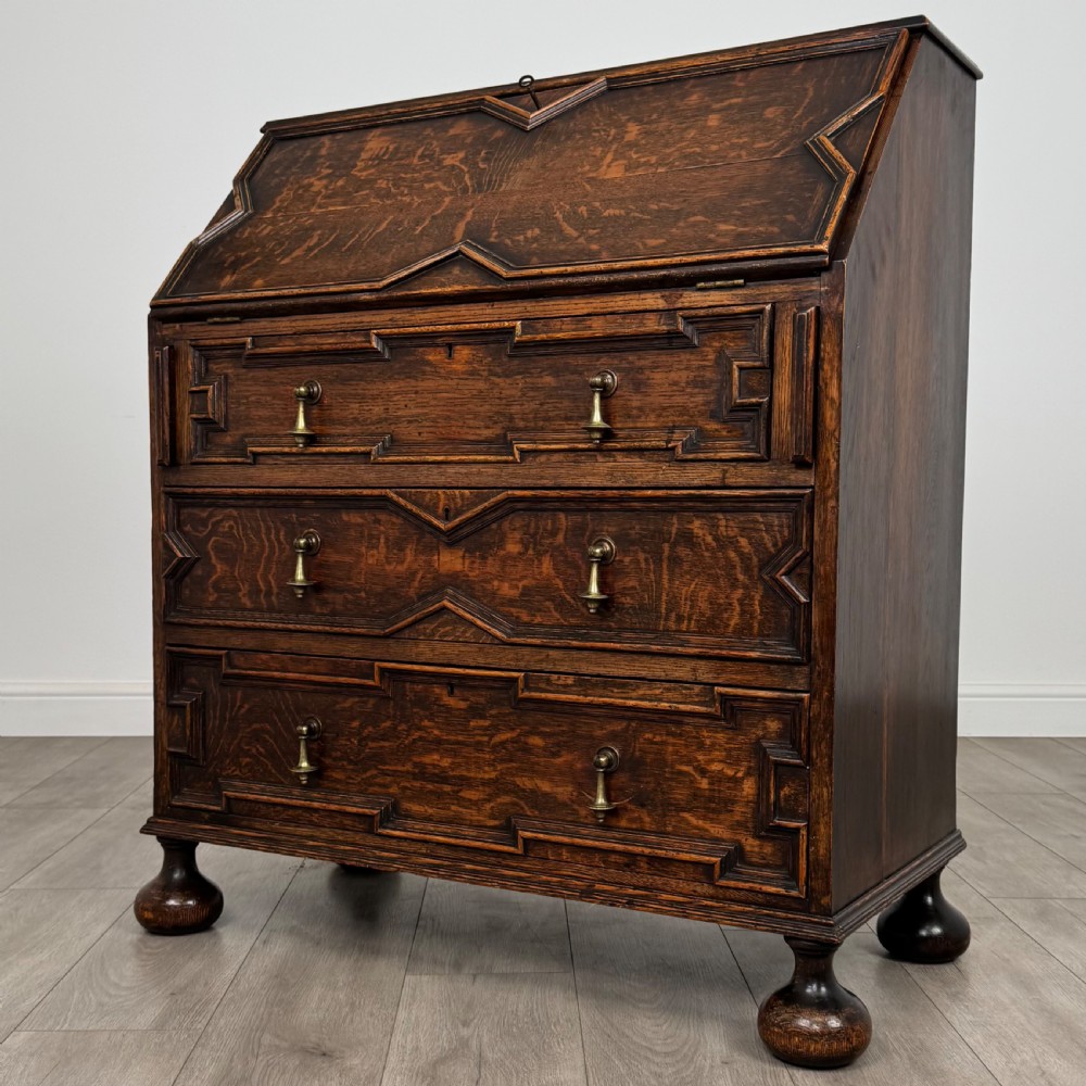 Antique 20th Century Fine Quality Jacobean Bureau In Oak View III