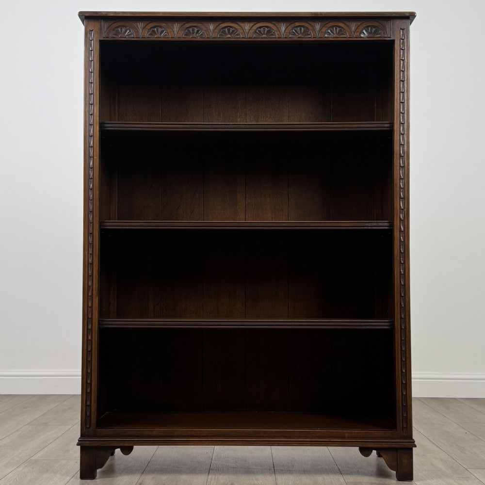 Antique 20th Century Carved Oak Open Bookcase  View II