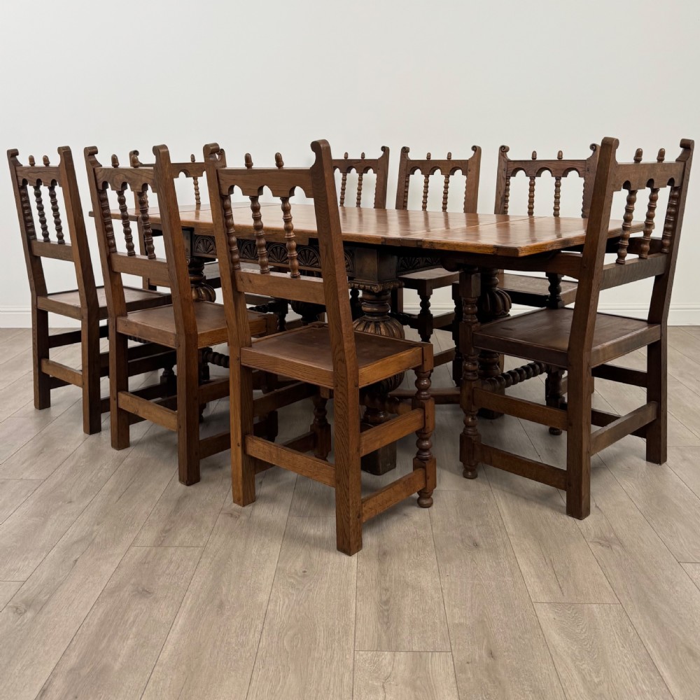  Antique 20th Century Dining Table With 8 Dining Chairs In Oak