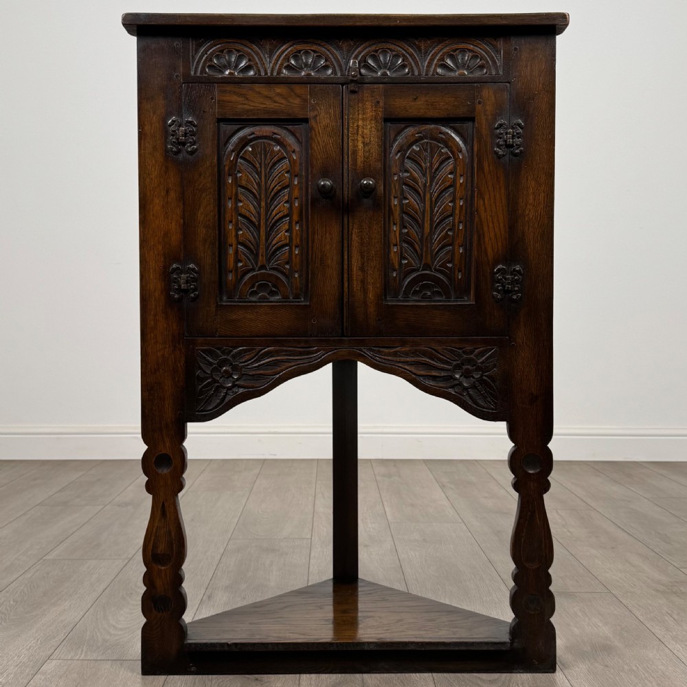 Antique 20th Century Small Carved Oak Corner Cabinet