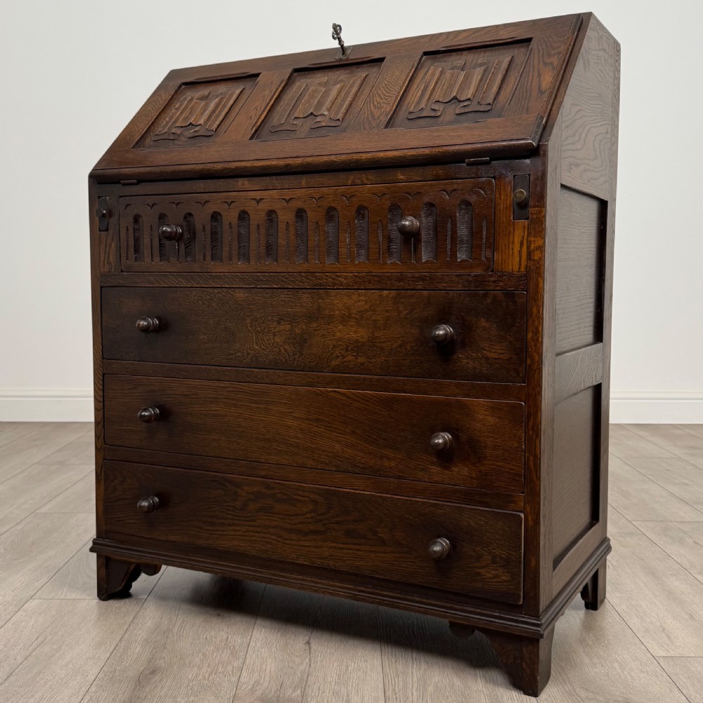 Antique 20th Century Good Quality Linenfold Bureau In Oak  View III