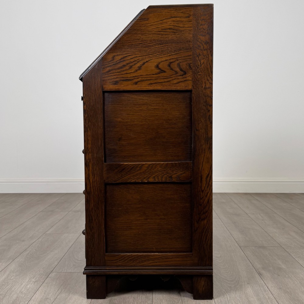 Antique 20th Century Good Quality Linenfold Bureau In Oak  View IV