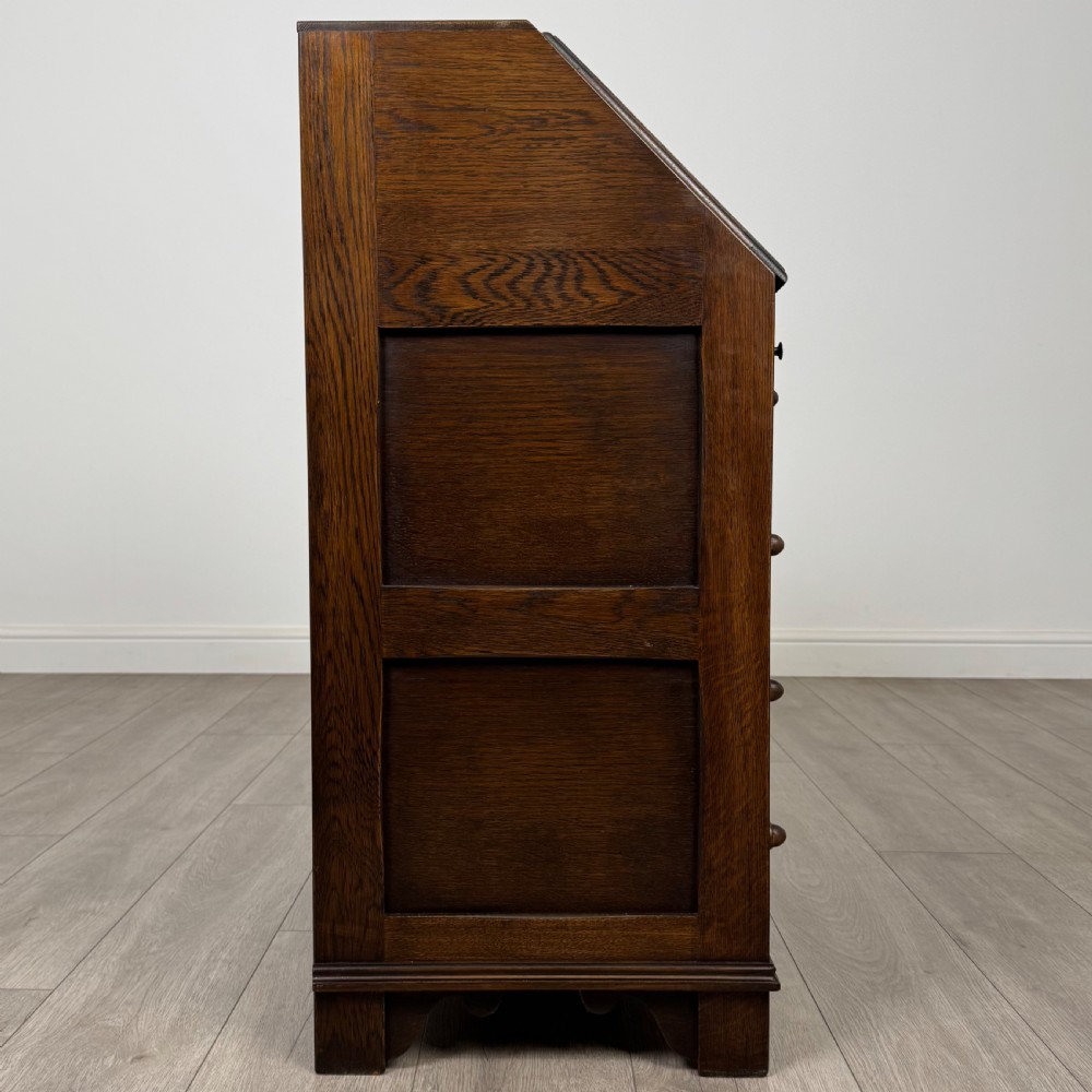 Antique 20th Century Good Quality Linenfold Bureau In Oak  View VIII