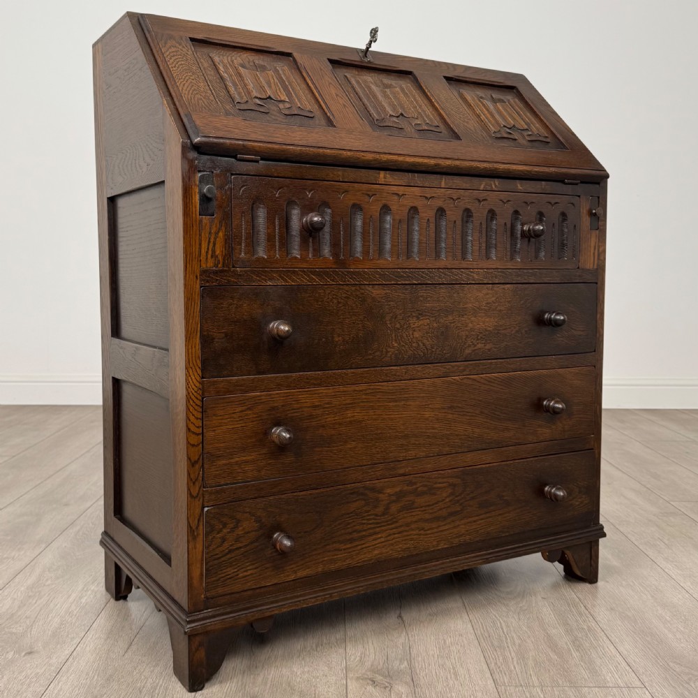 Antique 20th Century Good Quality Linenfold Bureau In Oak  View IX