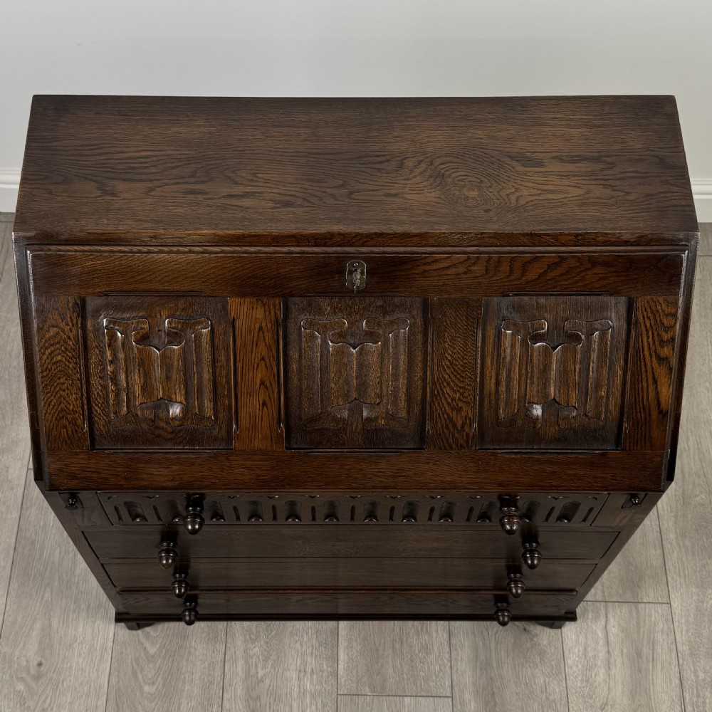 Antique 20th Century Good Quality Linenfold Bureau In Oak  View X