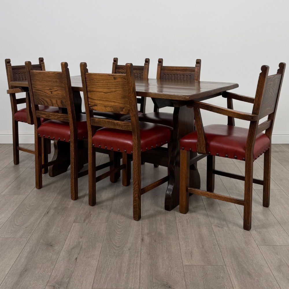  Antique 20th Century Oak Dining Table With 6 Dining Chairs 