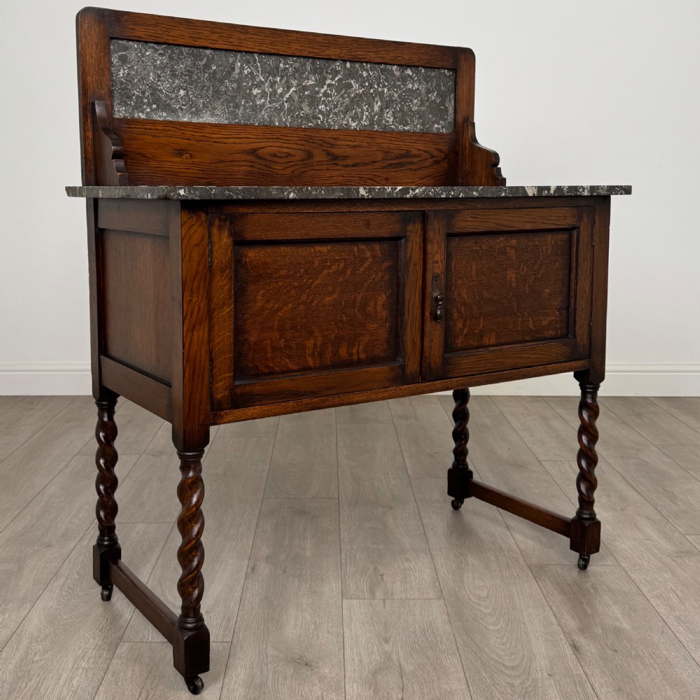 Antique 20th Century Marble Top Washstand In Oak View IX