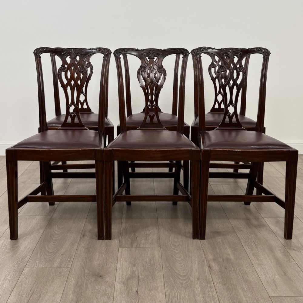  Antique 19th Century Set Of 6 Chippendale Style Dining Chairs 