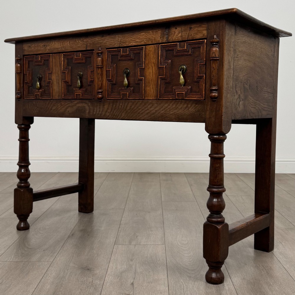 Antique 18th Century Jacobean Geometric Dresser Base In Oak View II