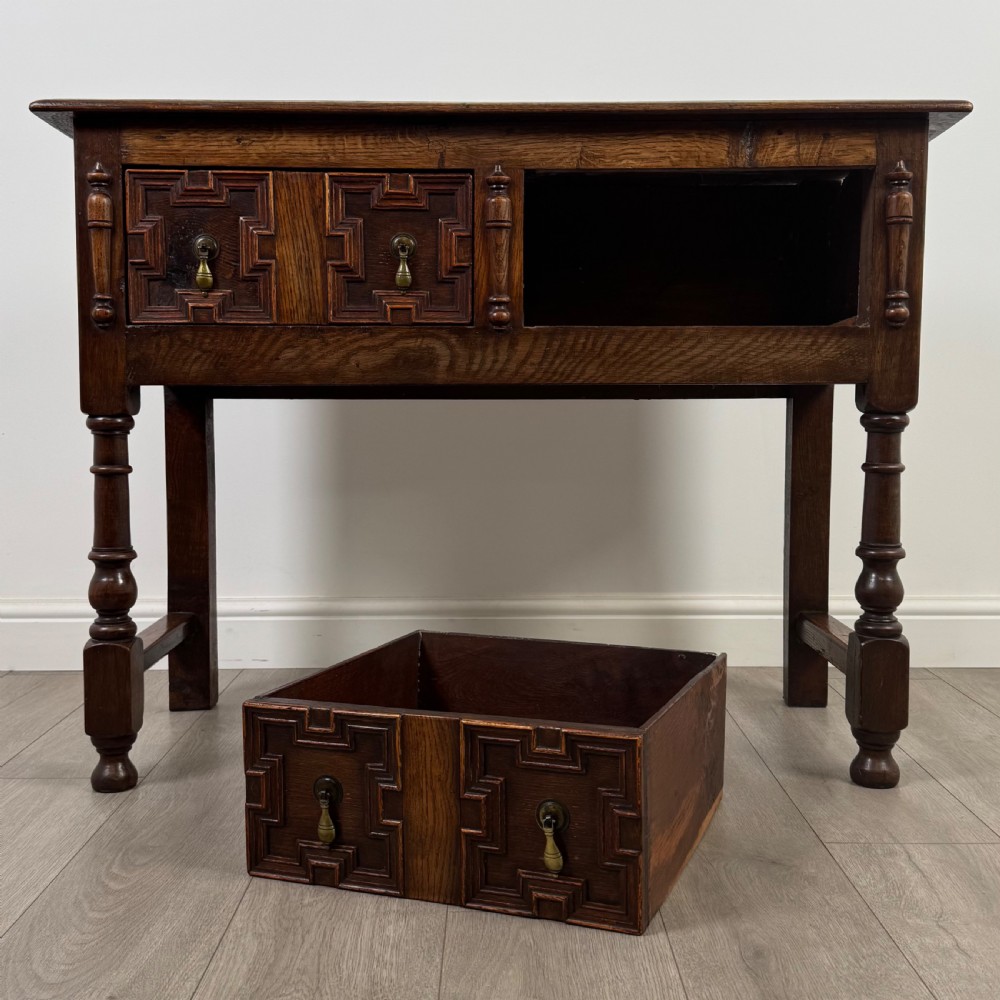 Antique 18th Century Jacobean Geometric Dresser Base In Oak View XI