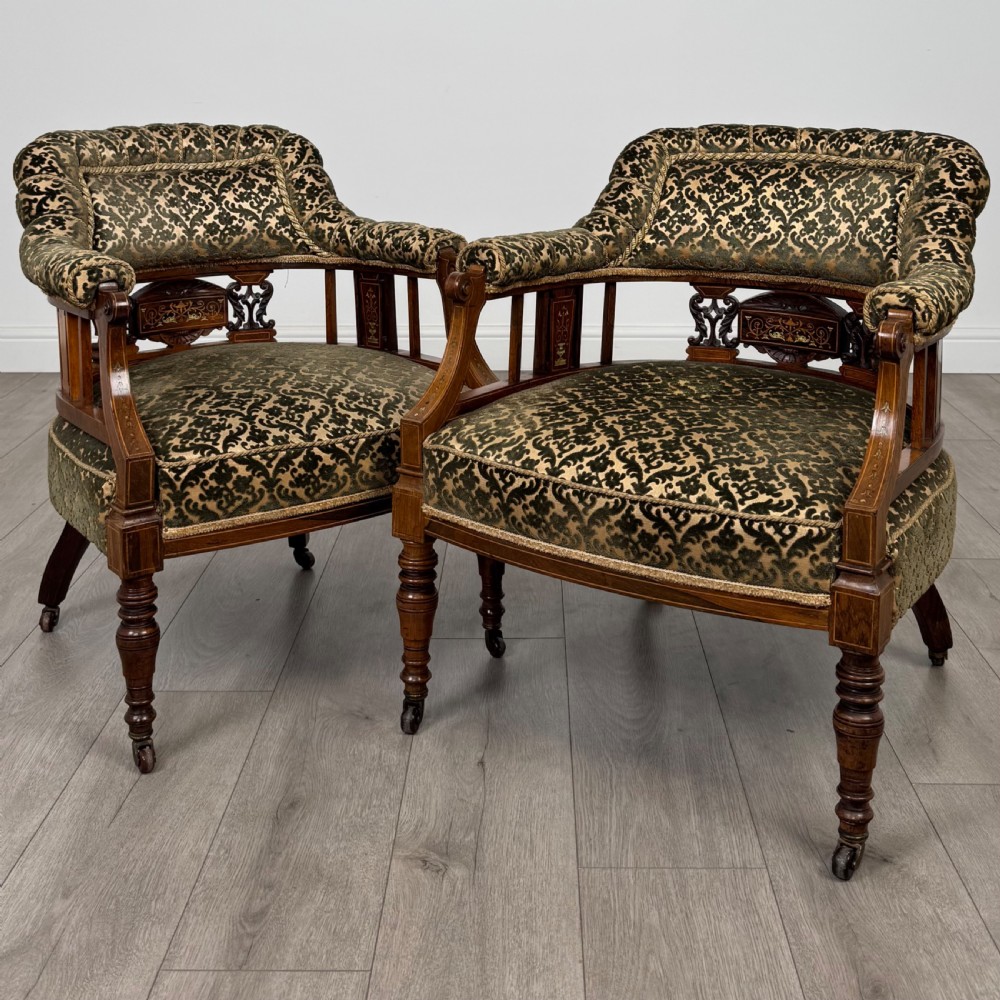 Antique 19th Century Pair Of Inlaid Rosewood Tub Chairs 
