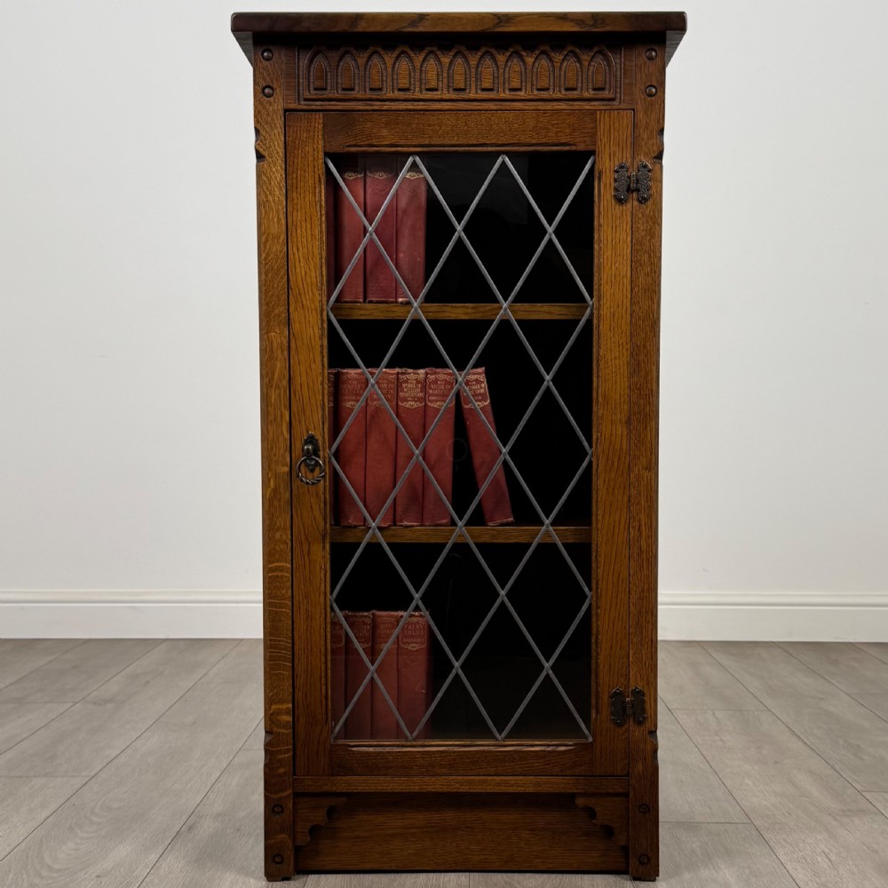 Antique 20th Century Leaded Glass Display Cabinet In Oak 