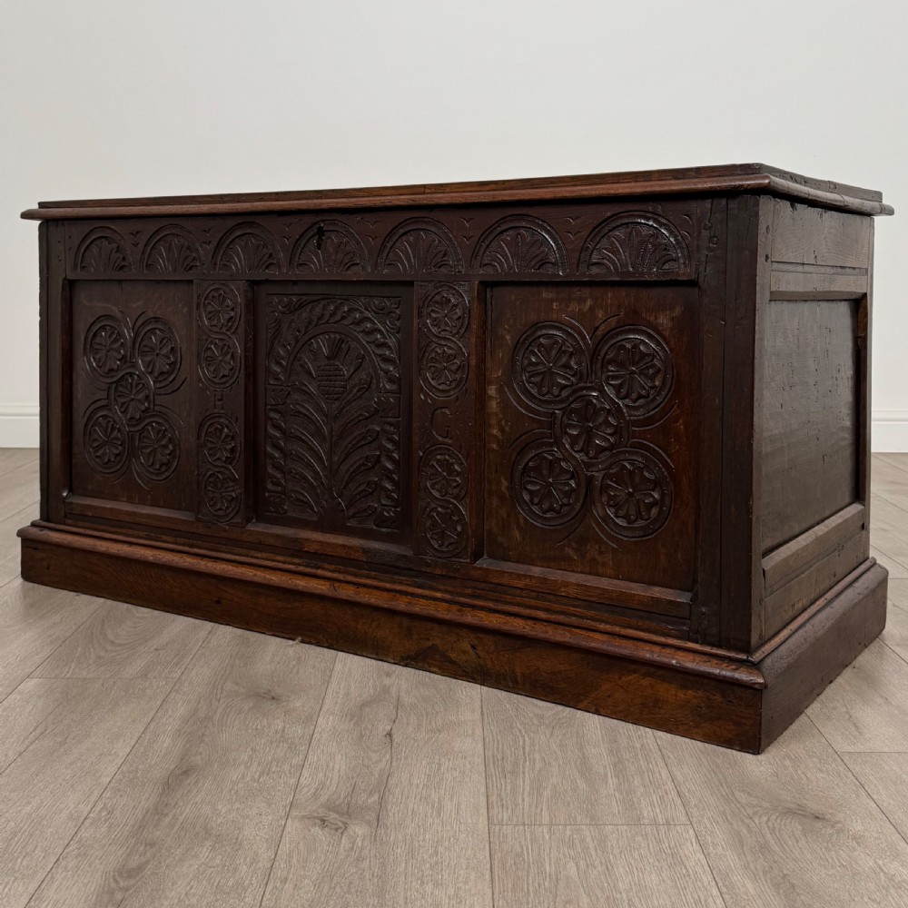 Antique 18th Century Fine Quality Carved Oak Coffer  View II