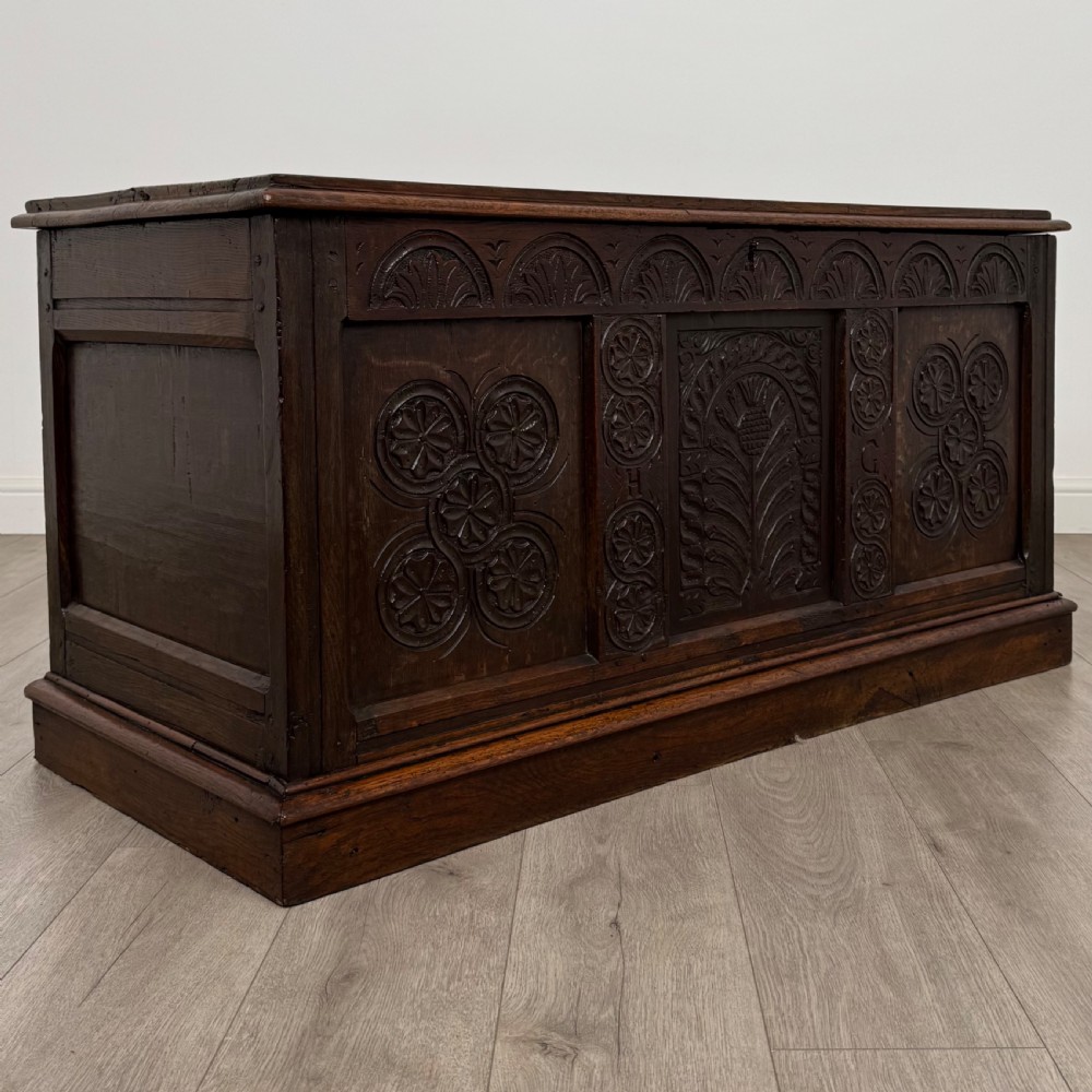 Antique 18th Century Fine Quality Carved Oak Coffer  View VIII
