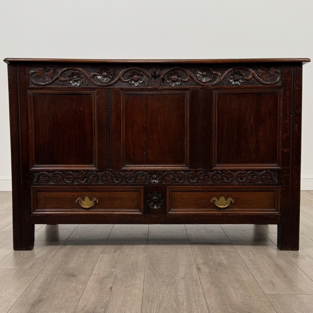 Antique 19th Century Carved Oak Mule Chest Of Good Quality 