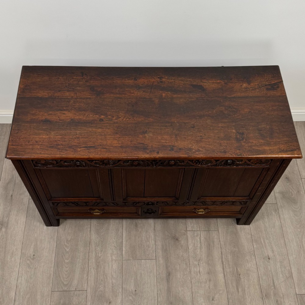 Antique 19th Century Carved Oak Mule Chest Of Good Quality  View IX