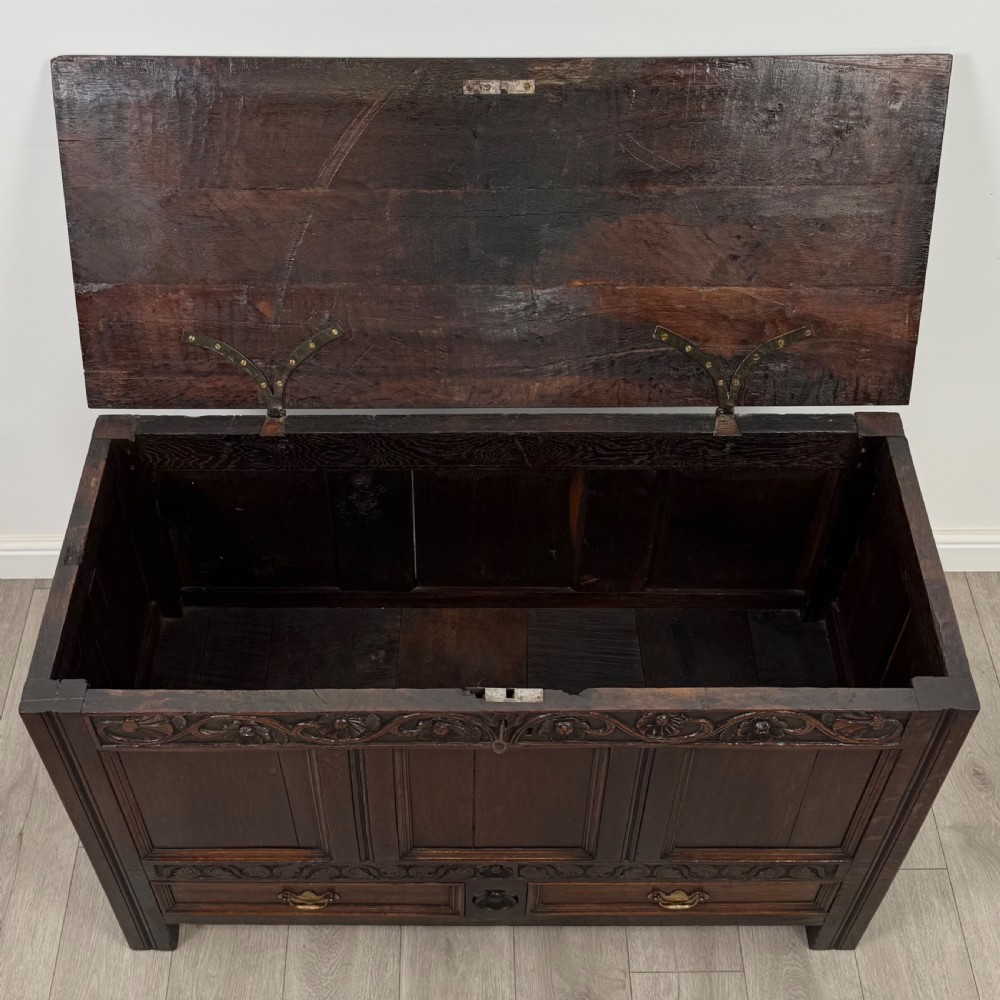 Antique 19th Century Carved Oak Mule Chest Of Good Quality  View X