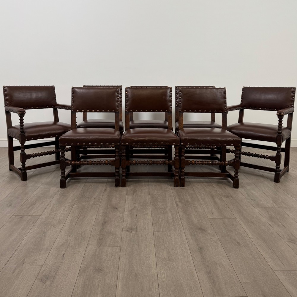 Antique 20th Century Set Of 8 Oak Bobbin Turned Dining Chairs 