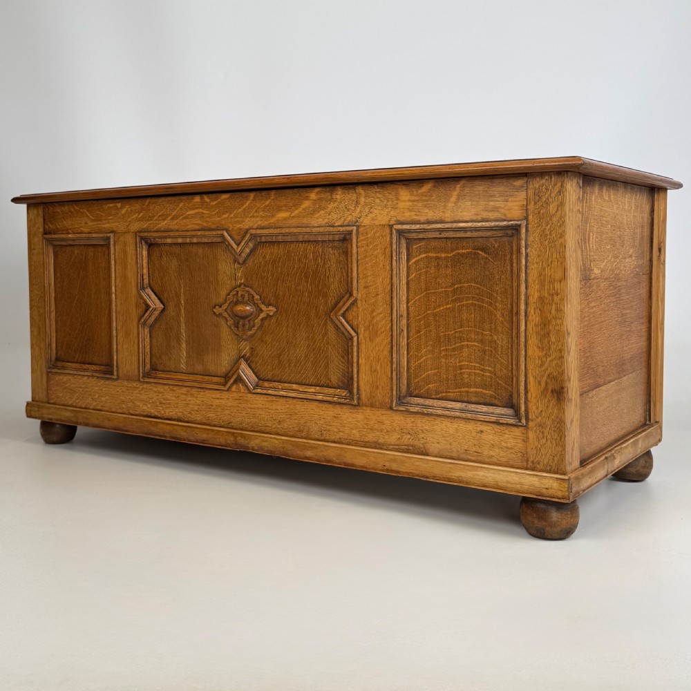 Antique 20th Century Jacobean Style Blanket Box In Golden Oak View II