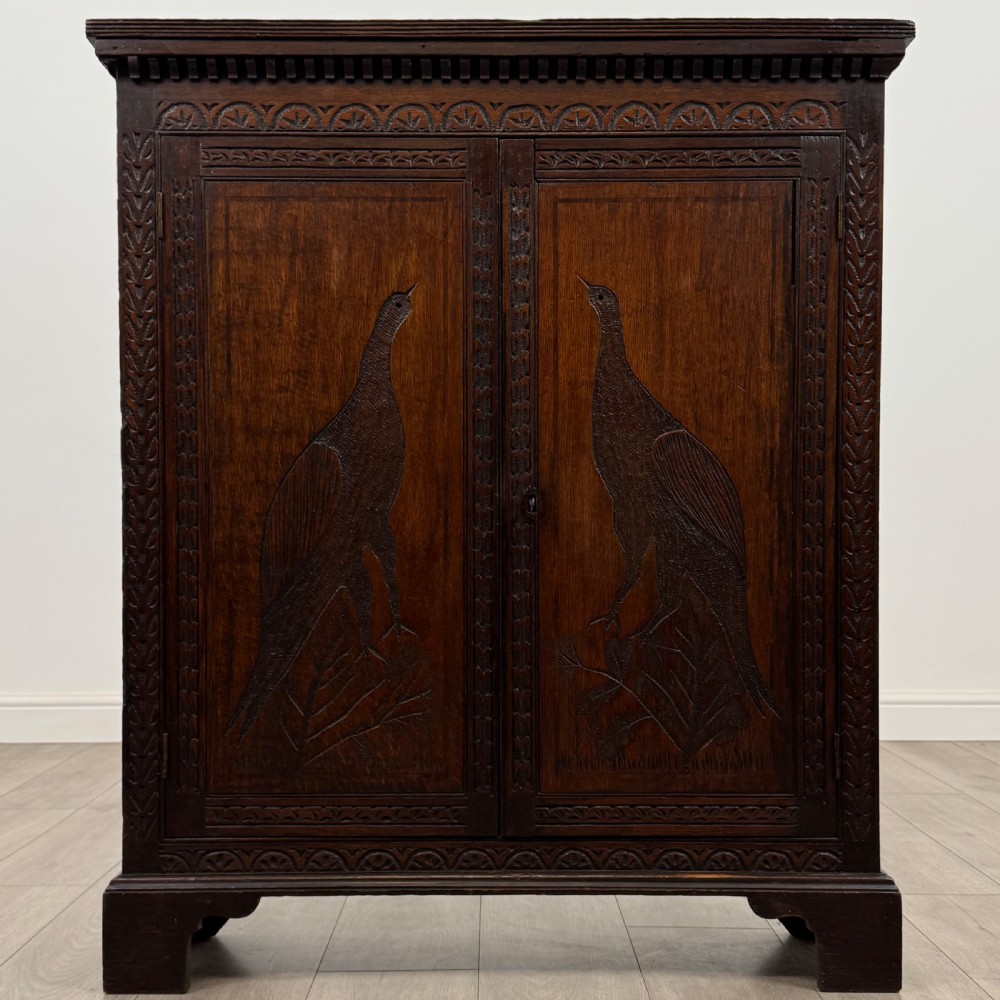  Antique 18th Century Heavily Carved Fitted Cabinet In Oak