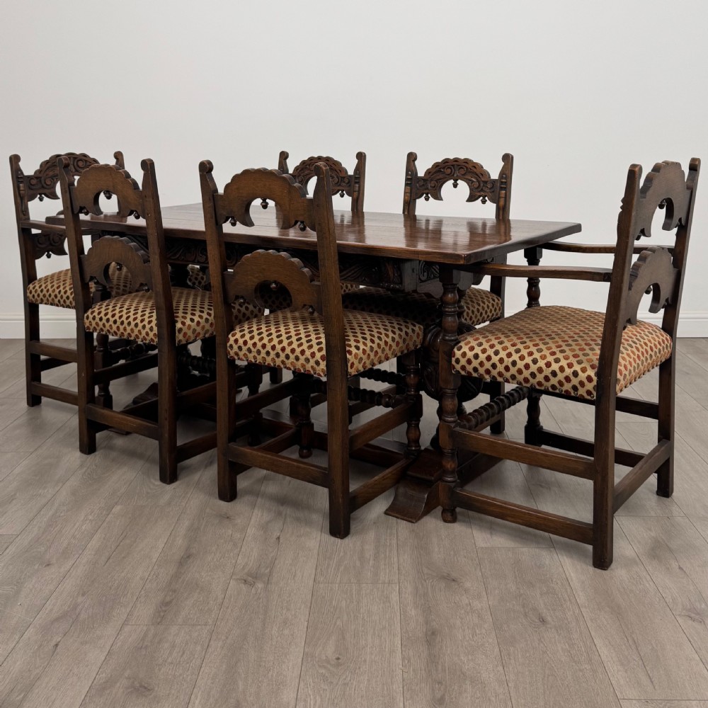 Antique 20th Century Jacobean Style Dining Table With 6 Chairs