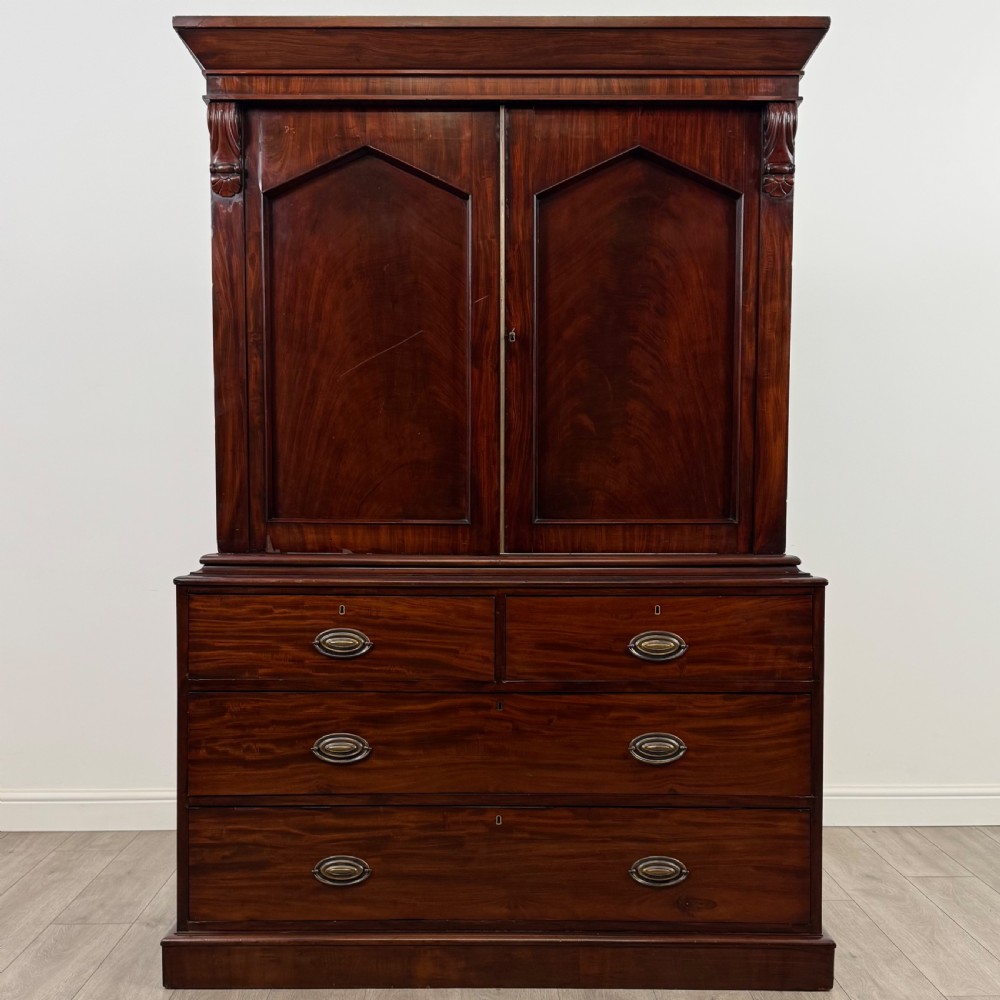 Antique 18th Century Linen Press Cupboard In Mahogany 