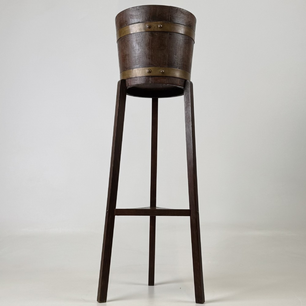Antique 20th Century Brass Bound Barrel Plant Stand In Oak 