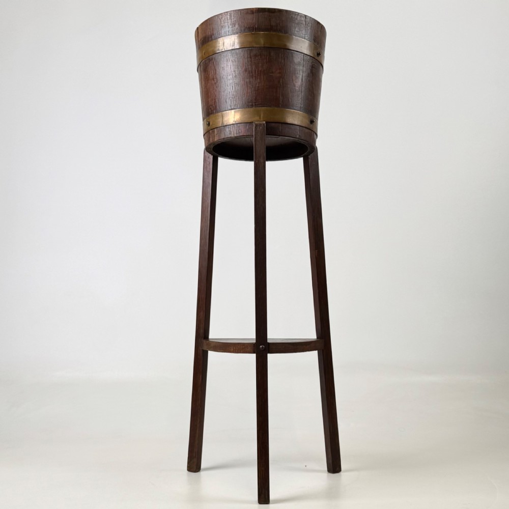 Antique 20th Century Brass Bound Barrel Plant Stand In Oak  View II