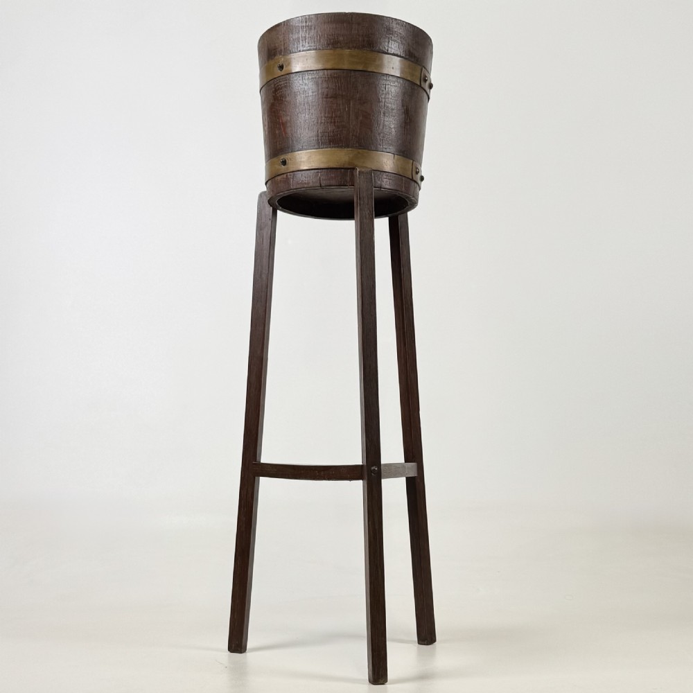 Antique 20th Century Brass Bound Barrel Plant Stand In Oak  View III