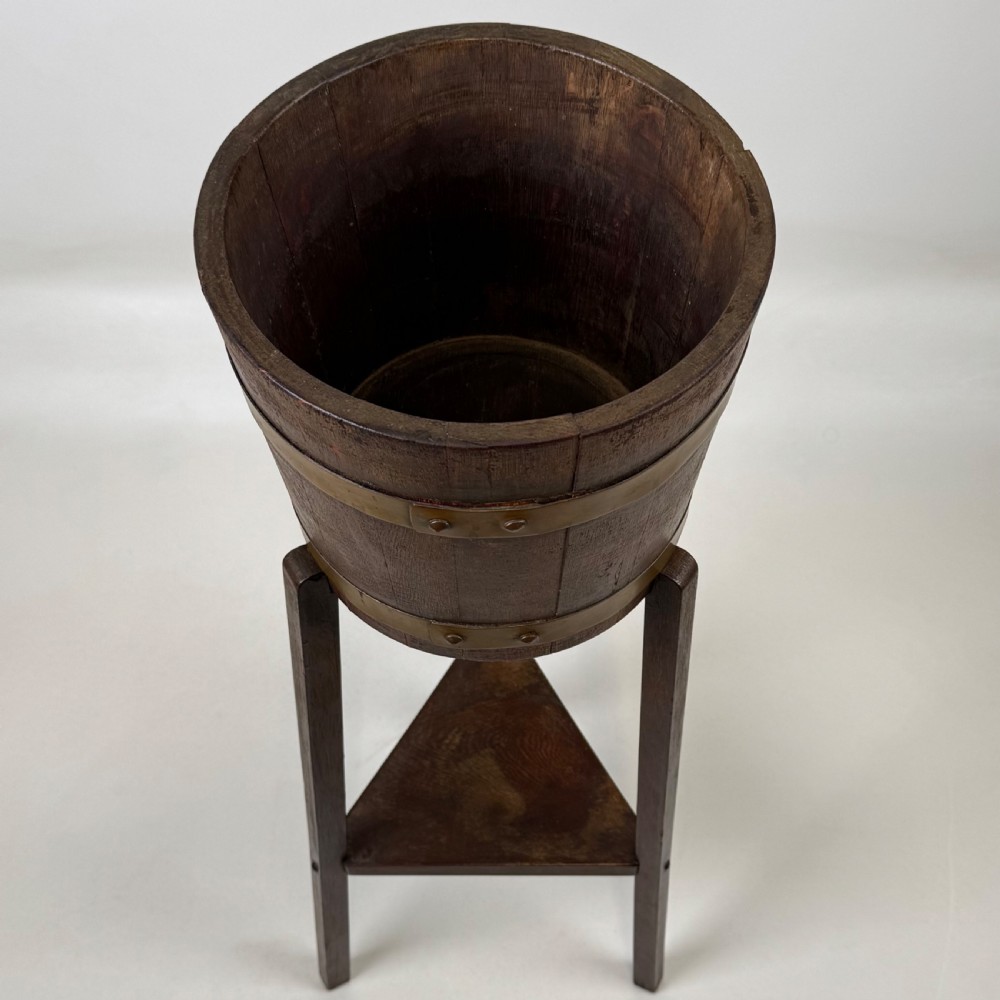 Antique 20th Century Brass Bound Barrel Plant Stand In Oak  View IV