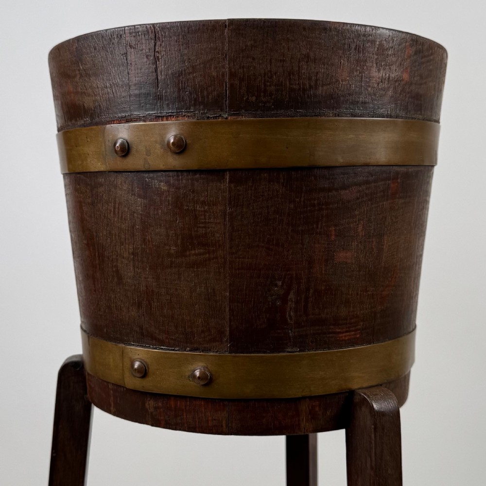 Antique 20th Century Brass Bound Barrel Plant Stand In Oak  View V