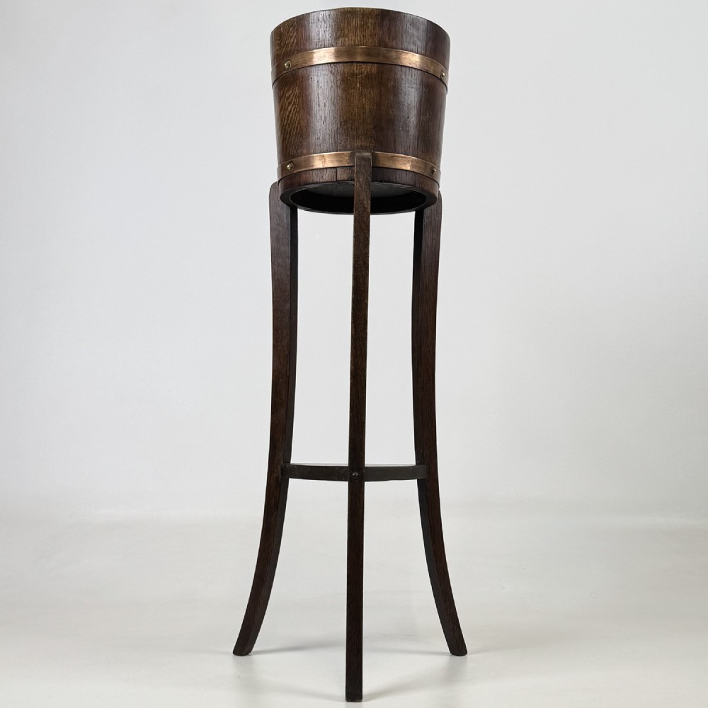 Antique 20th Century Copper Bound Barrel Plant Stand In Oak  View III