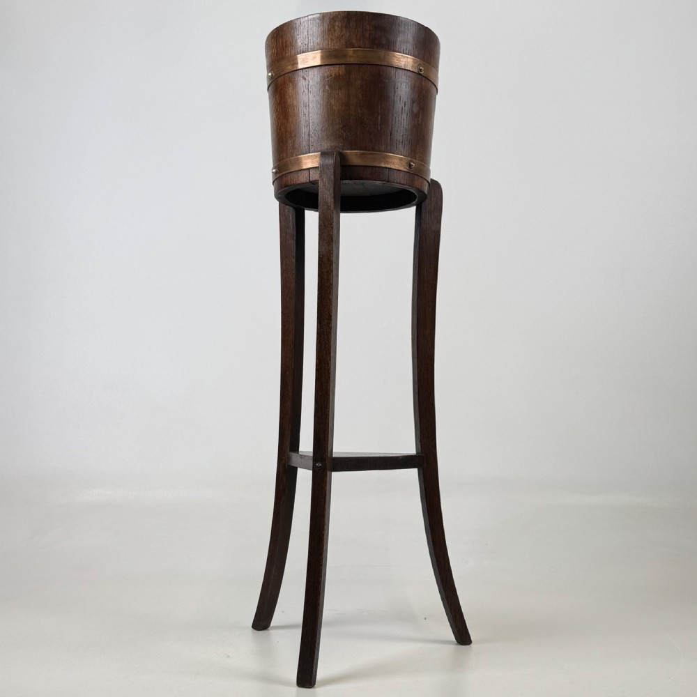 Antique 20th Century Copper Bound Barrel Plant Stand In Oak  View IV