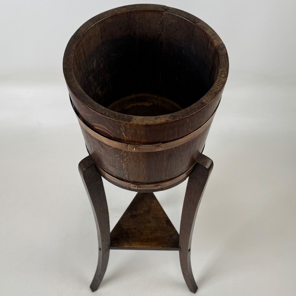 Antique 20th Century Copper Bound Barrel Plant Stand In Oak  View V