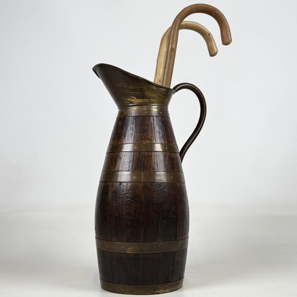 Antique 20th Century Brass Bound Jug Umbrella Stand In Oak 