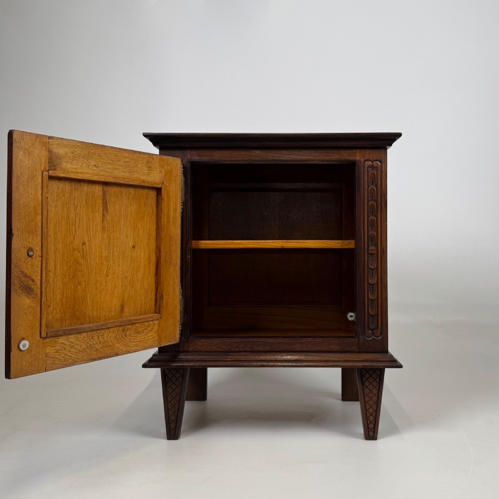 Antique 20th Century Pair Of Carved Oak Bedside Cabinets  View III
