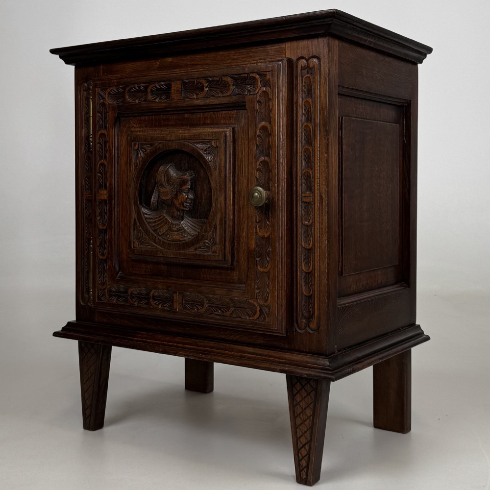 Antique 20th Century Pair Of Carved Oak Bedside Cabinets  View IV