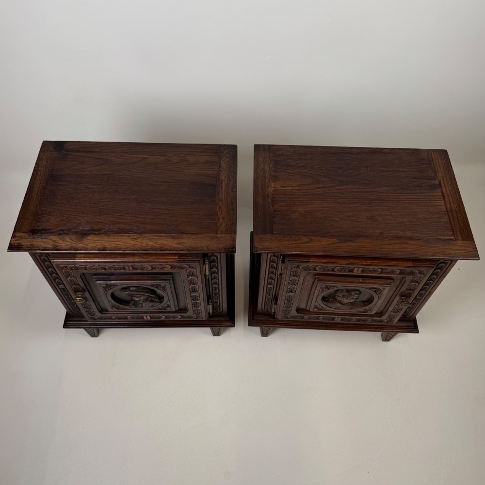 Antique 20th Century Pair Of Carved Oak Bedside Cabinets  View XII
