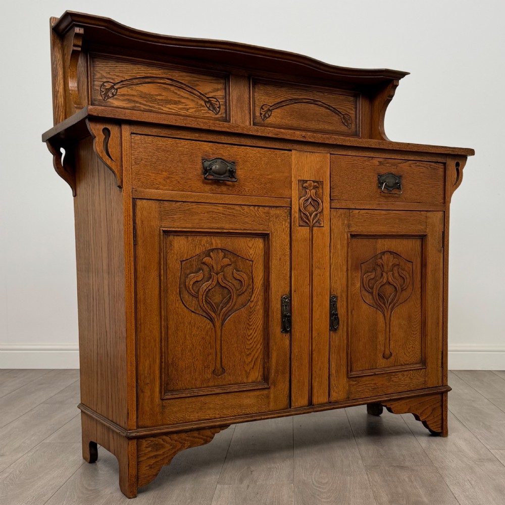 Antique 20th Century Art Nouveau Style Sideboard In Oak  View VI