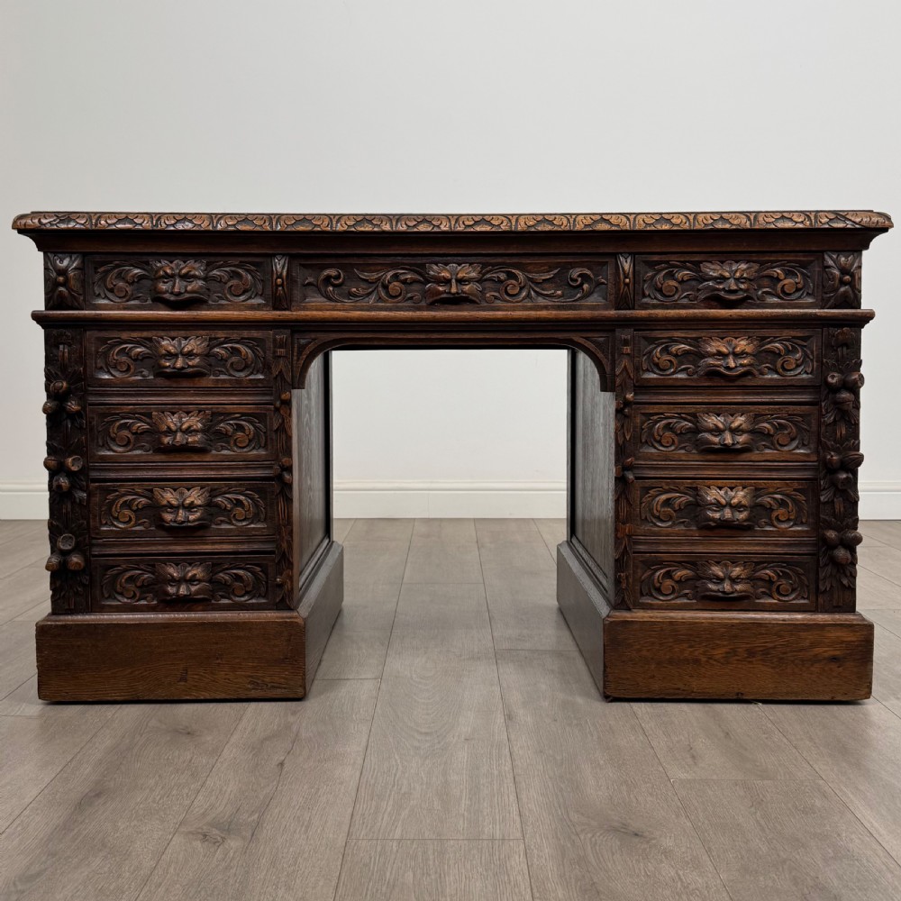 Antique 19th Century Victorian Green Man Desk In Oak