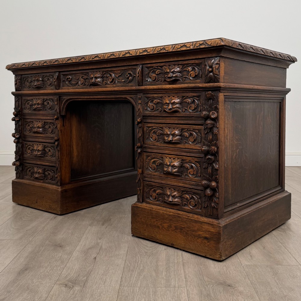 Antique 19th Century Victorian Green Man Desk In Oak View II