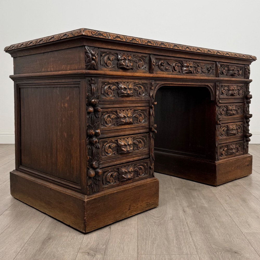 Antique 19th Century Victorian Green Man Desk In Oak View VIII