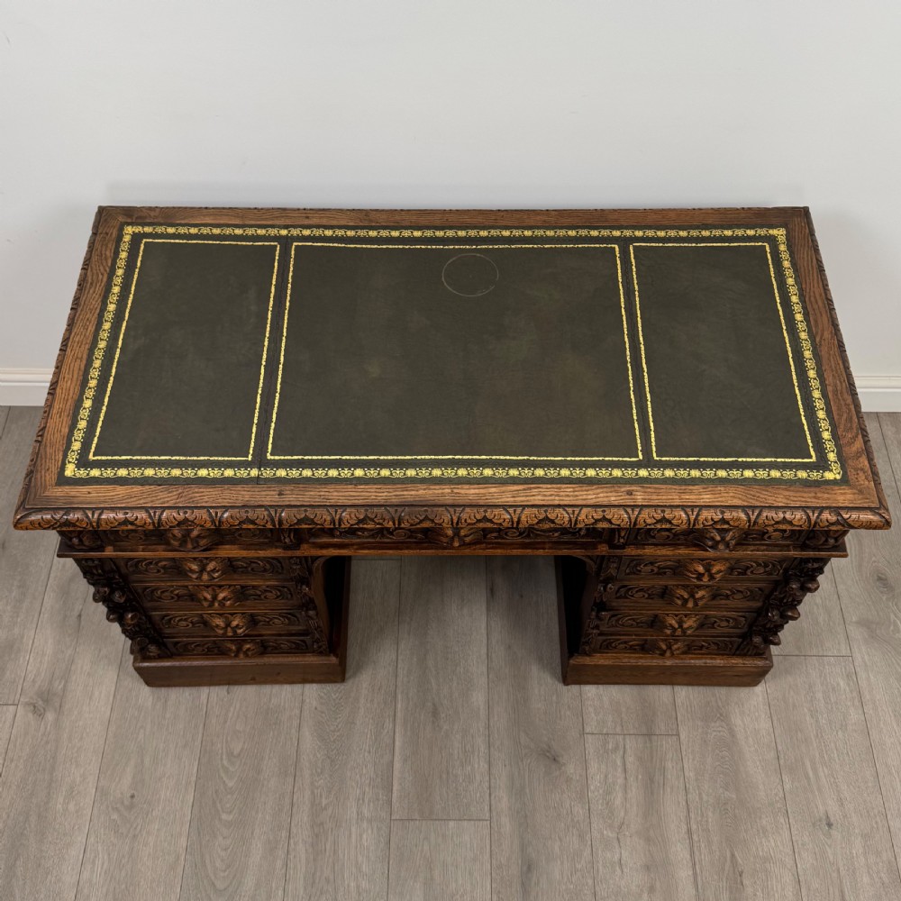 Antique 19th Century Victorian Green Man Desk In Oak View IX