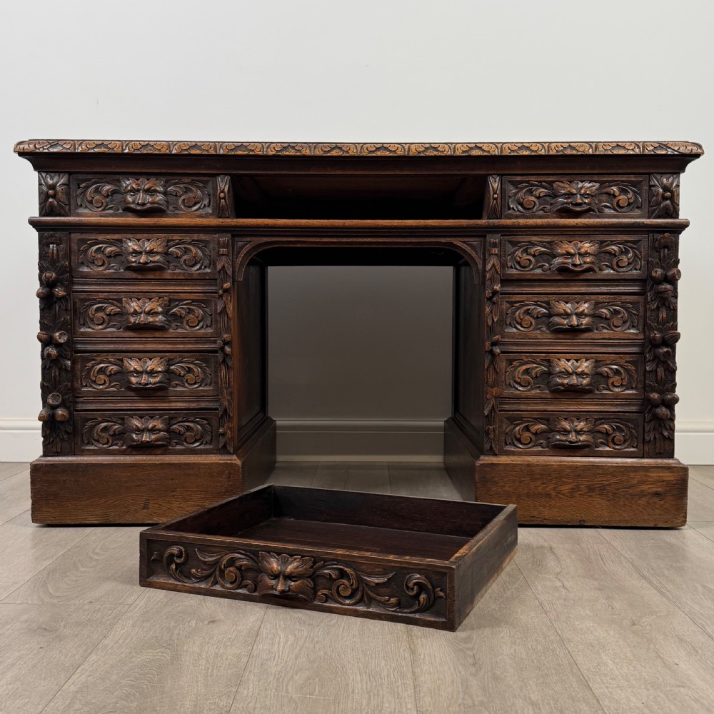 Antique 19th Century Victorian Green Man Desk In Oak View X