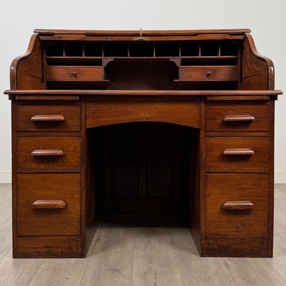 Antique 20th Century Edwardian Roll Top Desk In Oak View II