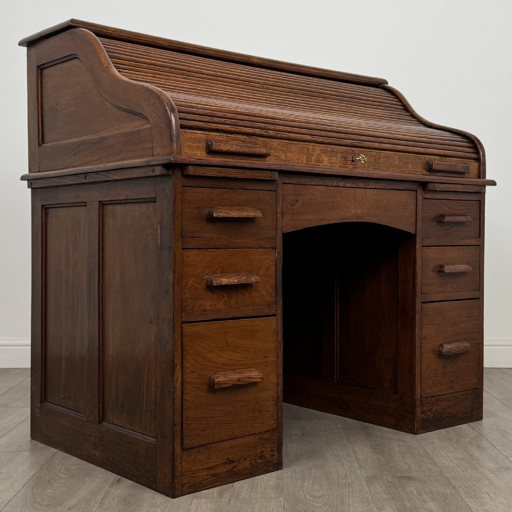 Antique 20th Century Edwardian Roll Top Desk In Oak View IX