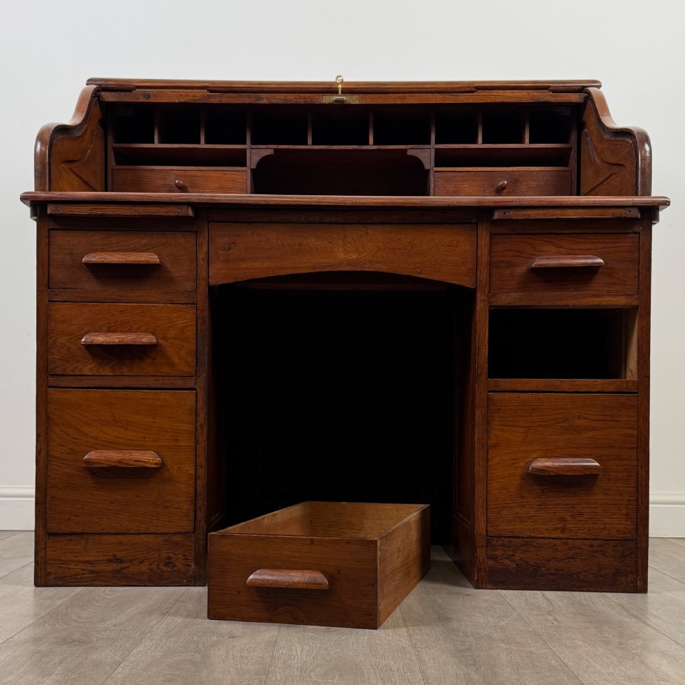Antique 20th Century Edwardian Roll Top Desk In Oak View XI