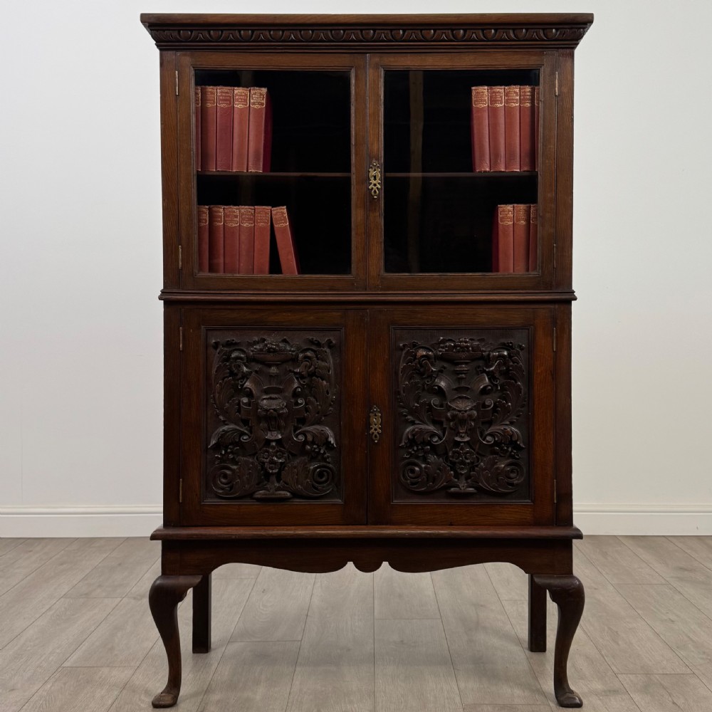 Antique 19th Century Carved Victorian Display Cabinet In Oak 
